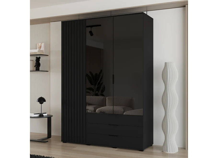 Drehtürenschrank, dreitürig mit Schubladen, Lamellen und Lacobel nach Maß Zoya