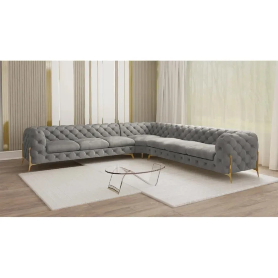 Glamour gestepptes 7-Sitzer-Ecksofa Chesterfield TEO HIGH 3+E+3