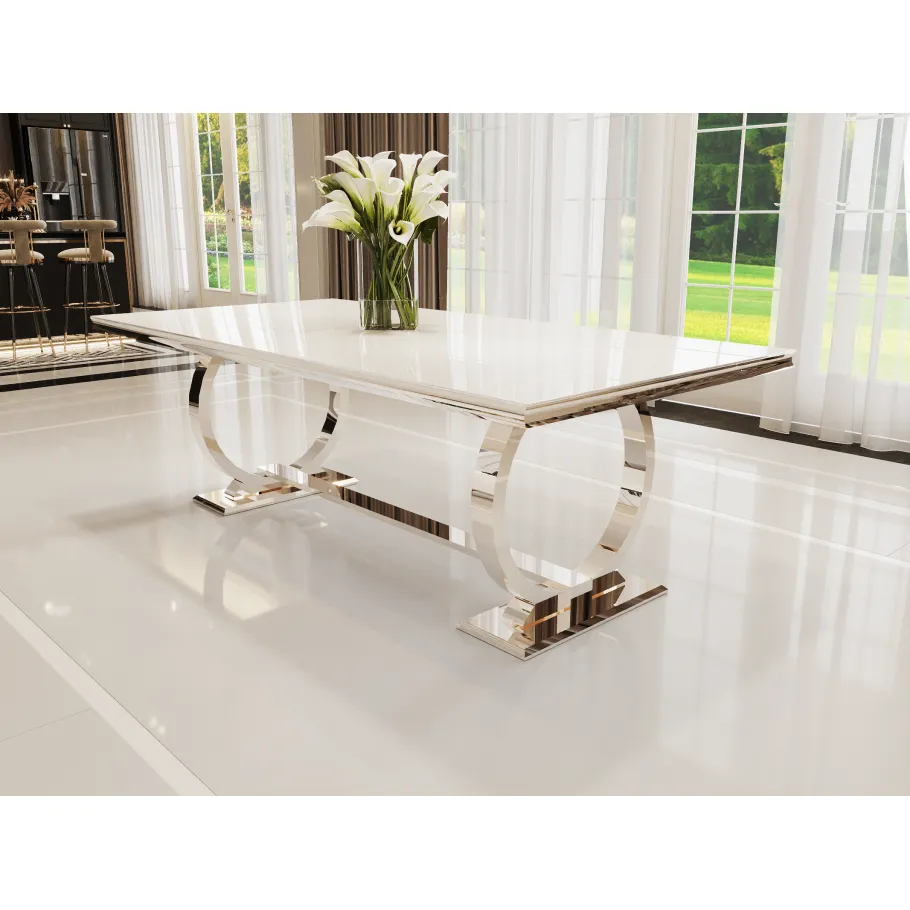 Hugo Glamour Silbertisch mit weißem Glas 160x90