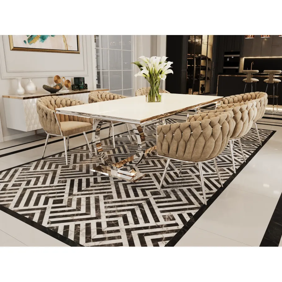 Hugo Glamour Silbertisch mit weißem Glas 160x90