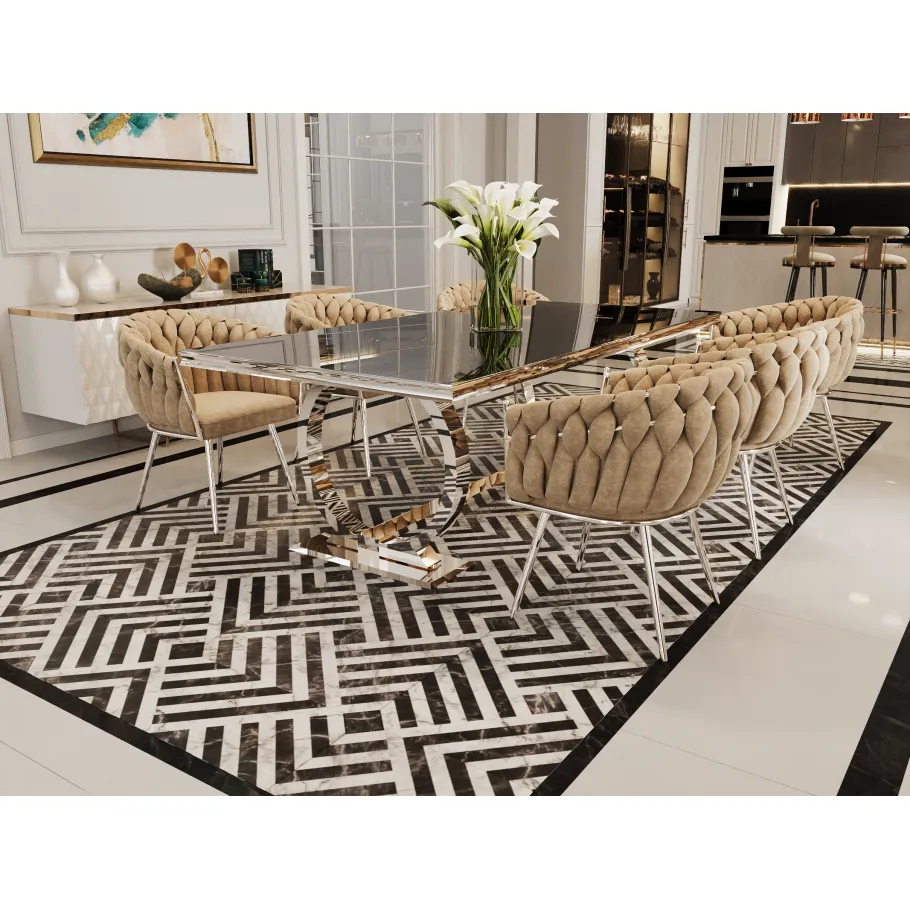 Hugo Glamour Silbertisch mit schwarzem Glas 160x90