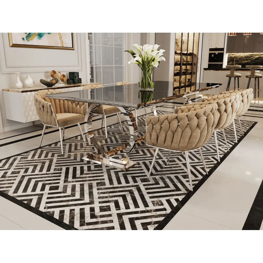 Hugo Glamour Silbertisch mit schwarzer Platte 200x100 + Einsatz 100 cm