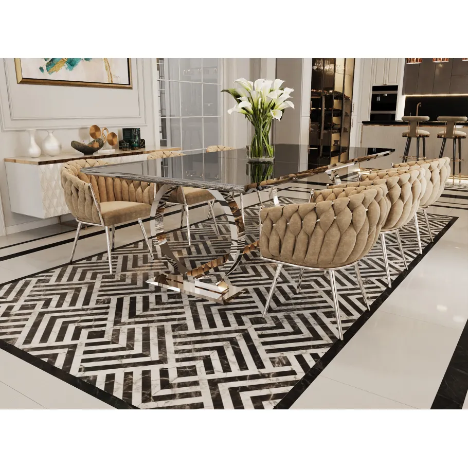 Hugo Glamour Silbertisch mit schwarzer Platte 200x100 + 50 cm Einlage