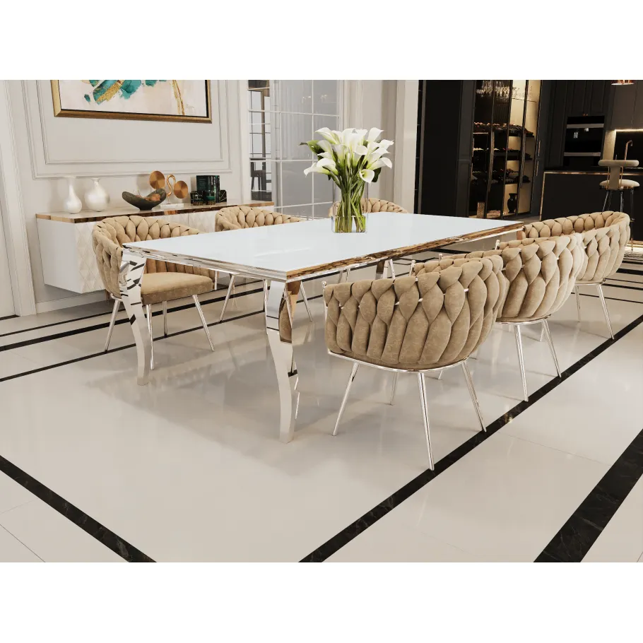 Silberner Glamour-Eleganz-Tisch mit weißem Glas 160x90