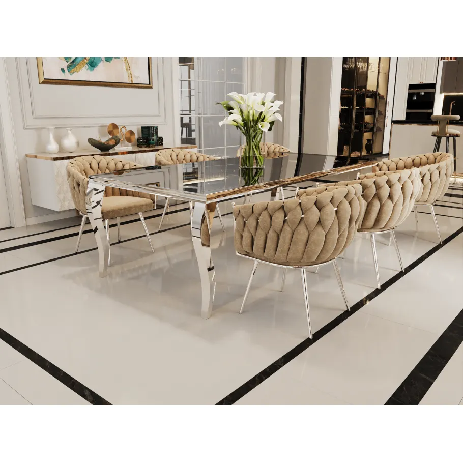 Silberner Glamour-Eleganz-Tisch mit schwarzem Glas 160x90