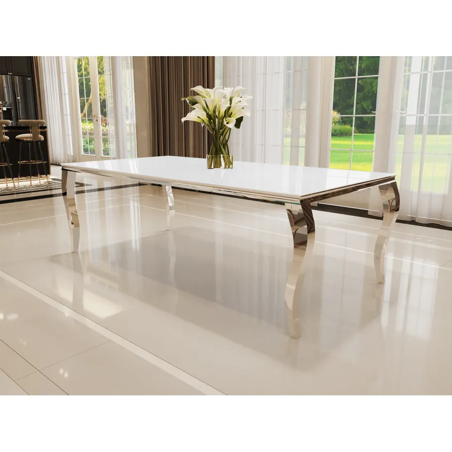 Silberner Glamour-Eleganz-Tisch mit weißem Glas 160x90